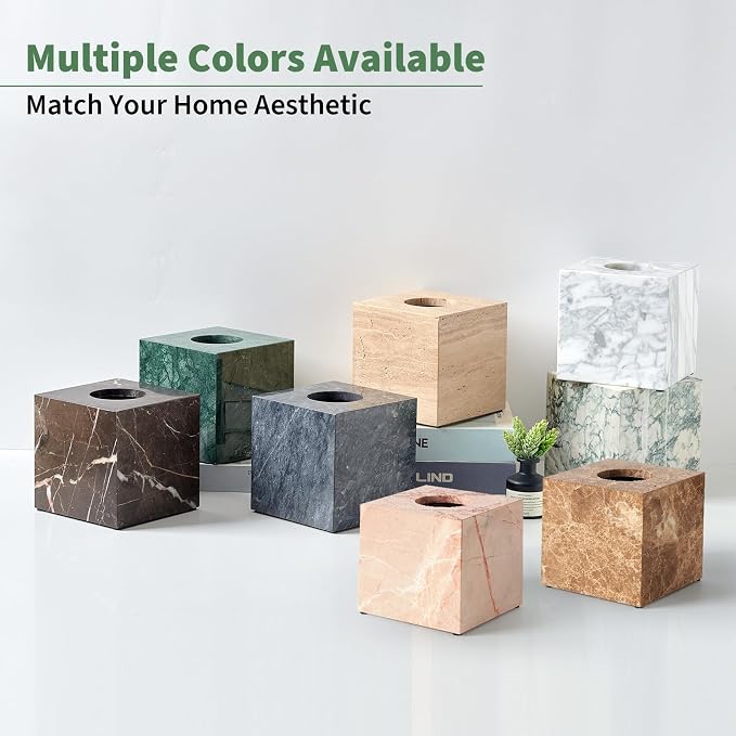 Real Natural Travertine Tissue Box Cover, 5.5 Inch Square Travertine Tissue Box Holder with Open Bottom, Heavy Stone Decorative Organizer for Bathroom Vanity, Kitchen Countertop, Luxury Home Décor