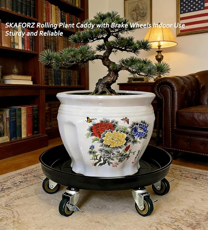 Rolling Planter Caddy(470lbs Capacity), Heavy Duty Metal Plant Stand with Brake Wheels Plant Dolly Mover Plant Pot Tray Saucer for Indoor Outdoor 18 Inches Black