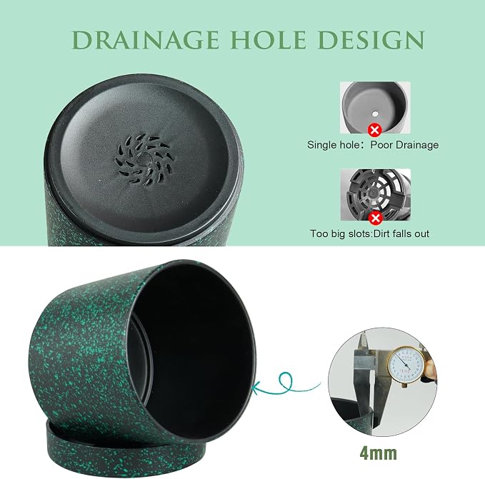 Meowell 6/5/4 inch Plant Pots, 3 Pack Cylinder Flower Pots for Small Indoor Outdoor Plants, Plastic Planters with Drainage Holes and Saucers for Garden Succulent Plants, Black with Green Speckles