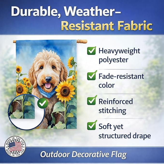 Caroline's Treasures DAC6089CHF Goldendoodle in Sunflowers House Flag Large Porch Sleeve Pole Decorative Outside Yard Banner Artwork Wall Hanging, Polyester, House Size, Multicolor