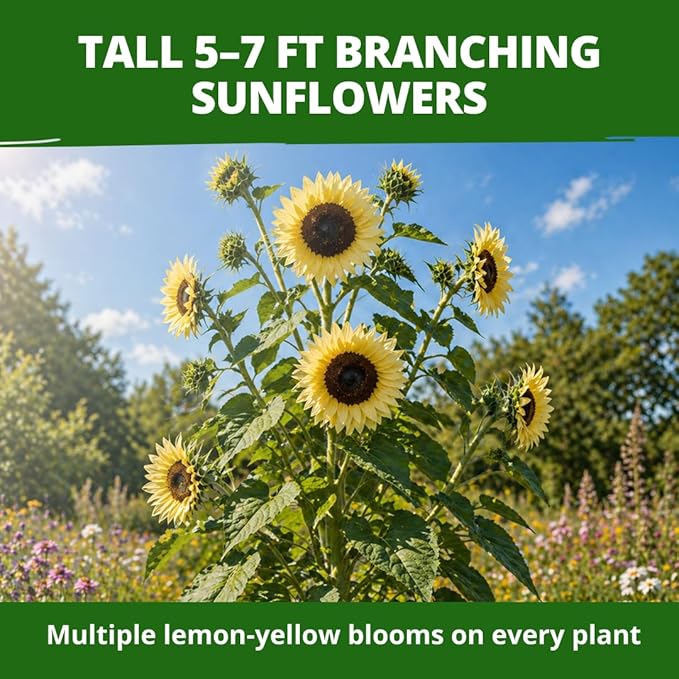 HOME GROWN Lemon Queen Sunflower Seeds for Planting Outdoors – 100 Heirloom Non-GMO Giant Sunflower Seeds to Plant, Open-Pollinated Multi-Bloom Cut Flowers, Heat & Drought Tolerant (Helianthus annuus)