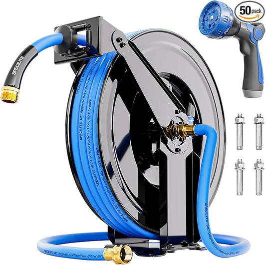 SPECILITE Retractable Hose Reel with 5/8'' Hot/Cold Garden Water Pipe 50ft, -50℉ -190℉, Heavy Duty Metal Wall Mount Spool, with 6ft Lead Hoses, Nozzle, 3/4'' Brass Fittings for Garage, Yard, Blue