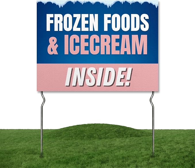 Frozen Foods & Ice Cream Inside! Yard Sign by DC | 24"x18" Double Sided Conv. Store Garden Sign with 13” Metal Stakes | Outdoor Signs Waterproof for Lawn, Patio, Sidewalk & House | Set of 5