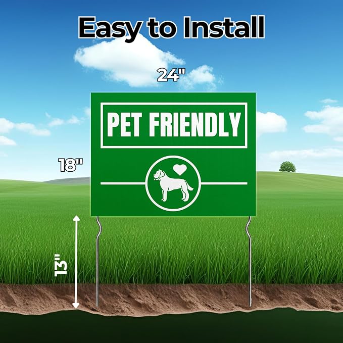 Pet Friendly Yard Sign by DC | 24"x18" Double Sided Pets Garden Sign with 13” Metal Stakes | Outdoor Signs Waterproof for Lawn, Patio, Sidewalk & House | Set of 2 | Made in USA