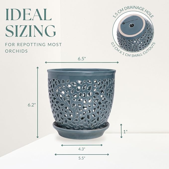 Elegant Orchid Pot with Holes, Large 6.5 inch Premium Porcelain Ceramic Orchid Pot for Repotting, Durable Ceramic Planter with Removable Saucer for Easy Drain, Planter Gifts for Moms