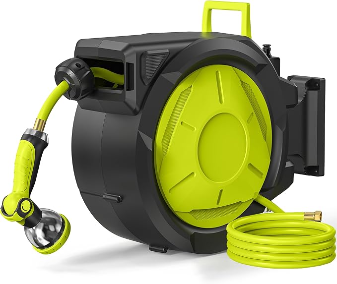Retractable Garden Hose Reel 1/2 in x 50 ft Wall Mounted, Auto Rewind with Slow Return & Any-Length Lock, No Kink Tangle-Free, 3/4 in Brass Connector, 180° Swivel, Heavy Duty Hose Reel (65FT)