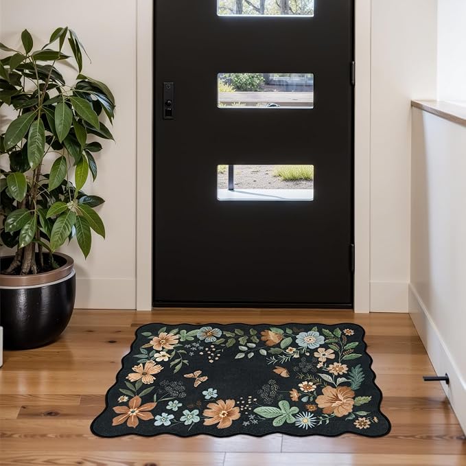 Lahome Floral Entryway Rug, 2X3 Washable Kitchen Rug Ultra-Thin, Non-Slip Soft Door Mat Indoor Entrance Boho Small Low-Pile Flore Carpet for Bathroom Bedroom (2x3ft,Black/Grey)
