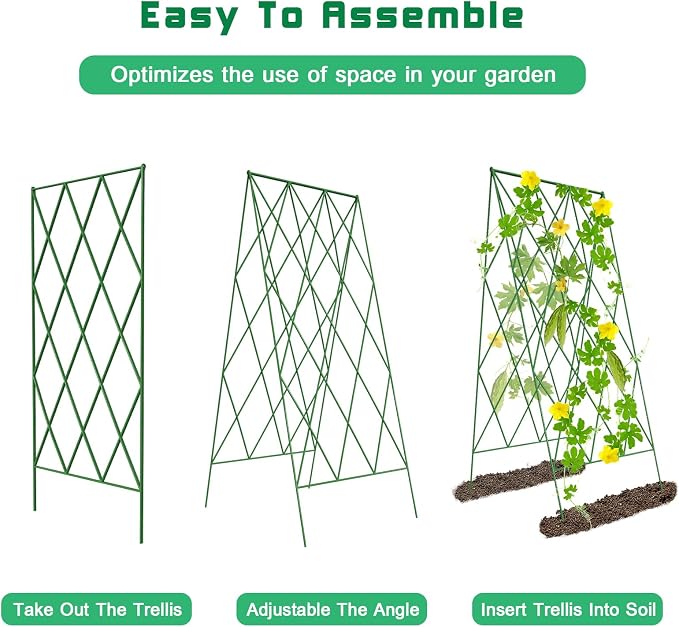 DoCred Cucumber Trellis, 39.4" H 2 Pack Metal Foldable Thickened A Frame Garden Trellis for Raised Bed Climbing Plants, Vegetables, Including Plant Support Clips, Twist Ties, Plastic Ties, Green