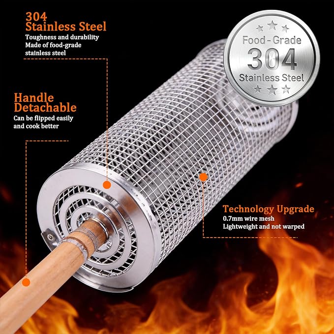 Rolling Grill Basket 2 Pcs, Removable Wooden Handle, 304 Stainless Steel, Smoker Grilling Accessories for Vegetable, Outdoor Cooking Camping, Birthday Gifts for Men Dad Husband (Large)