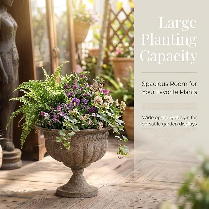 Vintage Urn Planter with Embossed Pattern, Imitation Stone Finish Flower Pot, Distressed Classic Plant Pot for Outdoor Indoor Home Garden Patio Front Porch Entryway（14.8 * 12 in）
