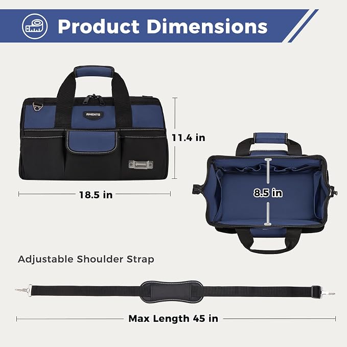 18-Inch Heavy Duty Tool Bag, 22 Pockets Empty Tool Box Organizer Storage, Soft Tote Toolbox Organization Portable Handle Carrying Work Toolbag for Electrician Mechanic, Dad Men Gifts, Blue