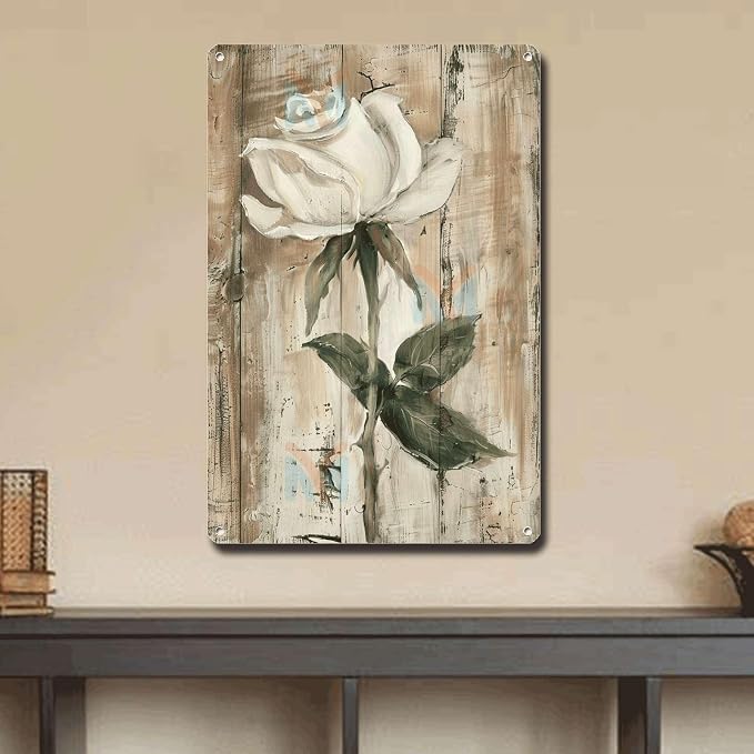 Metal Sign Tin Sign Vintage Wall Art White Rose Vintage Tin Sign for Shabby Chic Interiors Weathered Texture and Corrosion Resistant A Home Deccor Store Home Decor for Restaurant 6×8 Inches