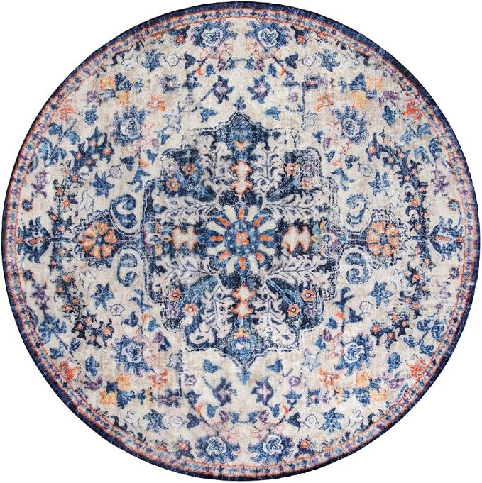 Lahome Reine Bohemian Round Rug 3Ft Small Bedroom Round Area Rug Soft Bathroom Circle Mat, Vintage Washable Non Slip Low Pile Indoor Floor Carpet for Kitchen Laundry Entryway, Blue Purple/Multi