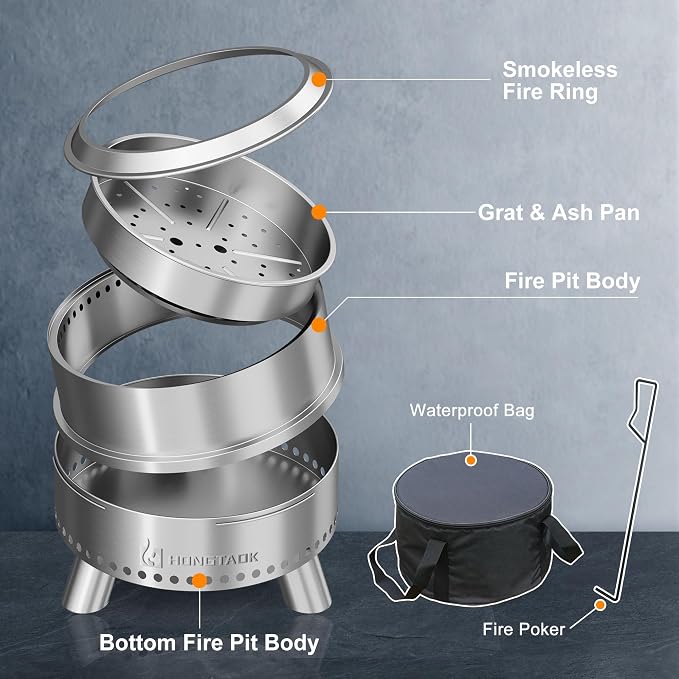 Smokeless Fire Pit with Waterproof Bag, 20 Inch Stainless Steel Fire Pits for Outside Wood Burning, Smokeless Firepit Outdoor Bonfire, Removable Ash Pan, Portable for Camping, Backyard