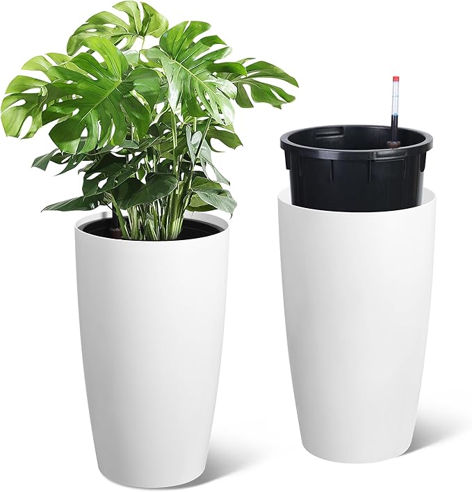 22" Tall Planter Set of 2, Self Watering Pots, Large Planter for Indoor Outdoor Plants, Built-in Drainage and a Water Level Monitor, Tall Planters for Patio, Porch, Living Room, Home Office, White