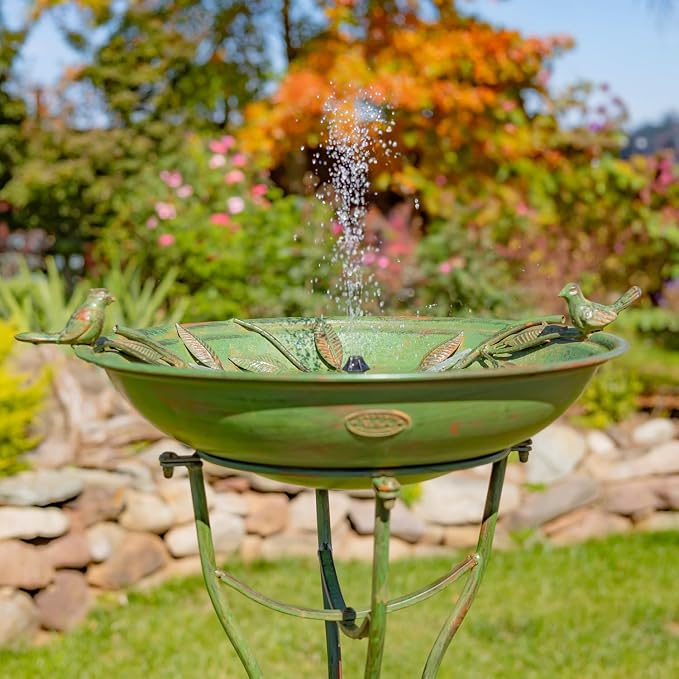 Zaer Ltd. Deep Well Made Metal Birdbath with 2 Cast Iron Birds and Leaf Decoration (Verdi Green)