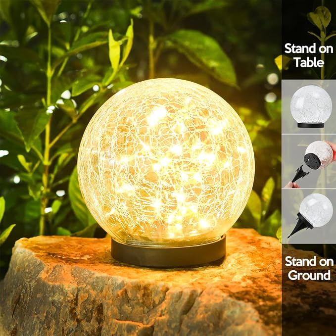 Outdoor Waterproof IP65 Solar Globe Lights, Led Solar Light Balls for Lawn Garden Patio Table Art Decoration, Yard Landscape Illuminated Cracked Glass Sphere Gazing Ball Lights, Round Ornaments Orbs