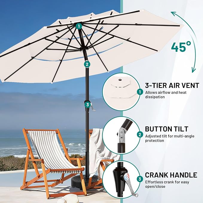 AreShark 9ft 3-Tier Patio Umbrellas, Outdoor Umbrella with 8 Sturdy Ribs UV Protection Windproof, Market Table Umbrella w/Push Button Tilt & Crank for Pool, Porch, Deck, Garden(Cream White)