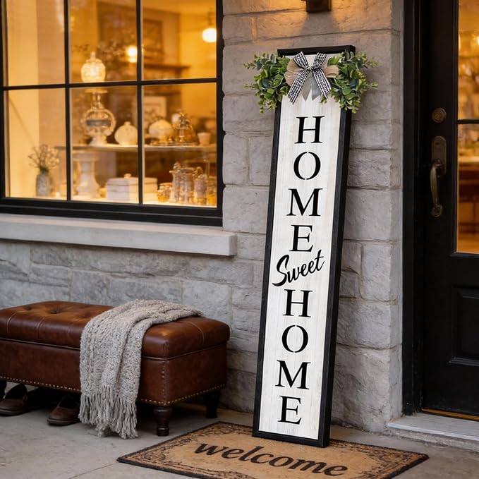 Welcome Sign for Front porch Standing 45"X9" Double-Sided Wood Frame Outdoor Tall Welcome Signs Vertical Decor for Farmhouse Rustic Home Modern Outside Front Door Wall Decorations