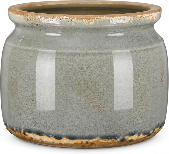 7.7" Large Ceramic Plant Pot Grey Vintage Planter Crackle Glaze Decorative Retro Flowers Pot with Drainage for Indoor Outdoor Plants Home Shelf Kitchen Office Patio Decor Gift
