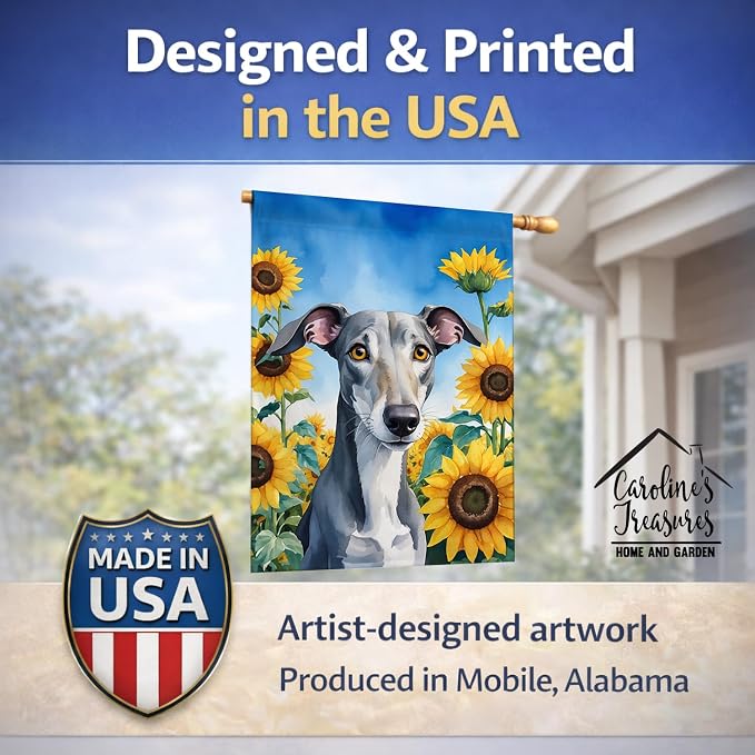 Caroline's Treasures DAC6096CHF Greyhound in Sunflowers House Flag Large Porch Sleeve Pole Decorative Outside Yard Banner Artwork Wall Hanging, Polyester, House Size, Multicolor