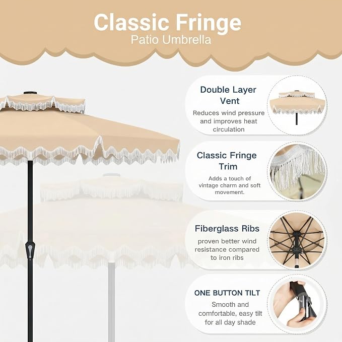 Patiokingdom 9FT Patio Umbrella with Fringe,Tassel Umbrella UPF 50+ & Push-Button Tilt,Rust-Resistant Fiberglass Frame for Pool,Garden,Backyard,Yard (Khaki -1)
