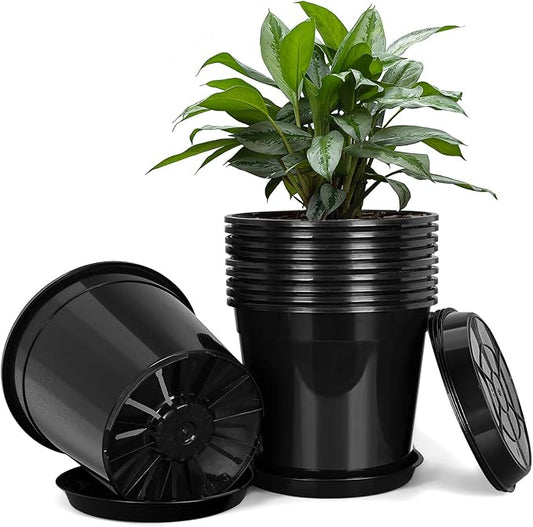 FUIJOL 2 Gallon Plastic Pots with Drip Trays, Sturdy Gallon Plant Pots with Drainage Holes, Large Plastic Planter for Flowers, Ideal for Indoor and Outdoor Use (2Gallon-10PACK)