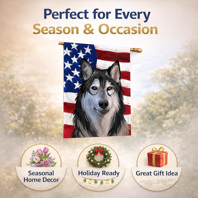 Caroline's Treasures CK6734CHF Tamaskan Dog American Flag House Flag Large Porch Sleeve Pole Decorative Outside Yard Banner Artwork Wall Hanging, Polyester, House Size, Multicolor