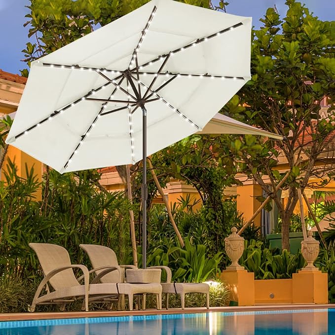EliteShade USA 10-Year-Non-Fading 9ft 3-Tier Market Patio Umbrella, Commercial Table Umbrella with 80 Solar LED Lights, Crank Open, Windproof & UPF 50+ UV Protection for Garden, Deck, Pool, Backyard, Natural
