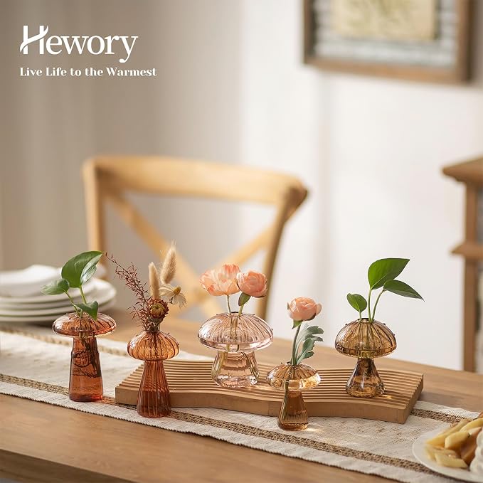 Hewory Glass Mushroom Propagation Stations: Set of 5 Unique Propagation Jars Glass Planter for Indoor Plants Home Decor - Brown Mushroom Vase Christmas Birthday Gifts for Plant Lovers Women Girls