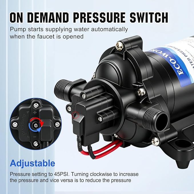 ECO-WORTHY RV Fresh Water Pump 12V DC 3.5GPM 45PSI with Pressure Switch, 12Volt Self Priming Water Pressure Diaphragm Pump On demand for RV Yacht Camper Sprayer Food Truck Black