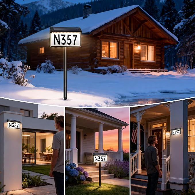 Solar House Numbers Sign, 56 LEDs 3-Color Adjustable (Warm/Cool/Natural White), IP65 Weatherproof, 2000mAh Battery Solar Address Sign for Home Mailbox Driveway Garden