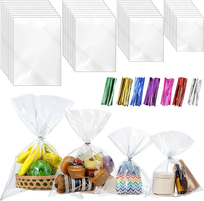 Boao 4 Sizes 200 Pieces Clear Plastic Cellophane Bags Cello Treat Bags with Mix Colors Twist Ties for Christmas Birthday Holiday (10 x 8 In,13 x10 In,16 x 12 In, 14 x 20 in)