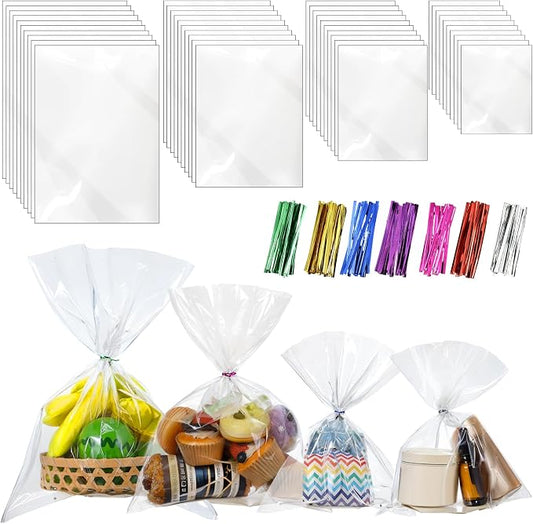 Boao 4 Sizes 200 Pieces Clear Plastic Cellophane Bags Cello Treat Bags with Mix Colors Twist Ties for Christmas Birthday Holiday (10 x 8 In,13 x10 In,16 x 12 In, 14 x 20 in)