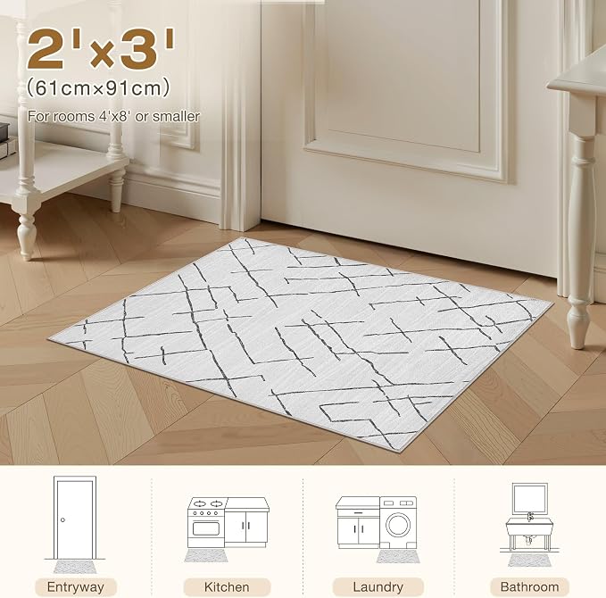 kakania Washable 2x3 Area Rug for Entryway: Boho Geometry Home Decor Rug | Soft Stain Resistant, Low-Pile, Non-Slip, Pet & Kid Friendly, Thin Carpet for Hallway/Kitchen/Bathroom - Light Grey