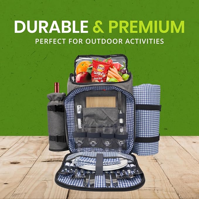 Nature Gear Picnic Backpack for 4, Insulated Picnic Set with Dinnerware, Wine Cooler, Blanket & Cutlery Service, Waterproof Outdoor Bag for Beach, Camping, Travel & Park, Blue