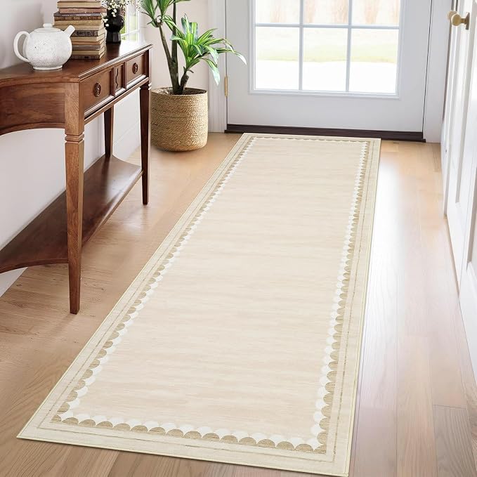 COZYLOOM Entryway Rugs Indoor 2x6 Washable Runner Rug with Rubber Backing, Bordered Non Shedding Stain Resistant Accent Rug, Low Pile Soft Contemporary Carpet for Kitchen, Hallway, Bedroom, Beige
