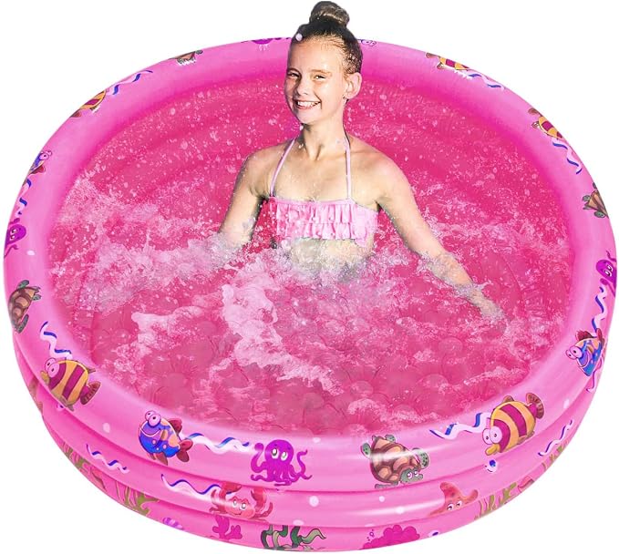 Inflatable Baby Kiddie Pools, 3 Rings Round Swimming Pool, Toddler Fun Water Swim Beach Floaties Toys, Kids Fishing Pond Ball Pit Pool, Small Infant Pool (Pink, 47 inch)