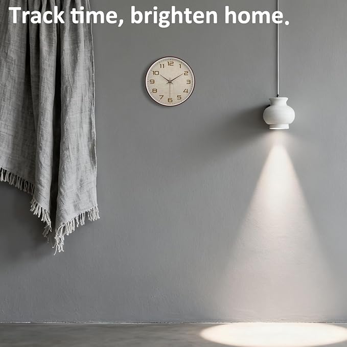 Woodgrain Wall Clock, Silent Non-Ticking Battery Operated Clock 10 Inch, Large Easy-to-Read Number Linen Texture Face Modern Analog Clocks for Living Room Bedroom Kitchen Office Gym, Brown