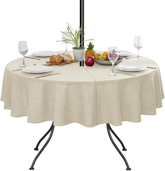LUSHVIDA Outdoor Tablecloth with Umbrella Hole - Patio Table Cloth Zippered Round 60 Inch, Beige Linen-Look Polyester Table Cover Water Resistant for Picnic Outside