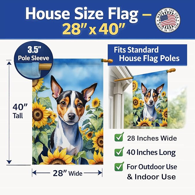 Caroline's Treasures DAC6147CHF Rat Terrier in Sunflowers House Flag Large Porch Sleeve Pole Decorative Outside Yard Banner Artwork Wall Hanging, Polyester, House Size, Multicolor