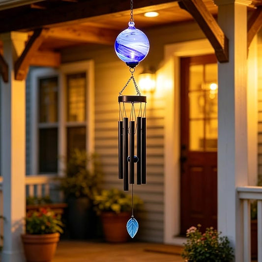 MUMTOP Solar Wind Chime for Outsides, 35" Glass Windchimes with Solar LED Lights Decorative Hanging Wind Bell for Porch Patio and Garden Decor, Blue