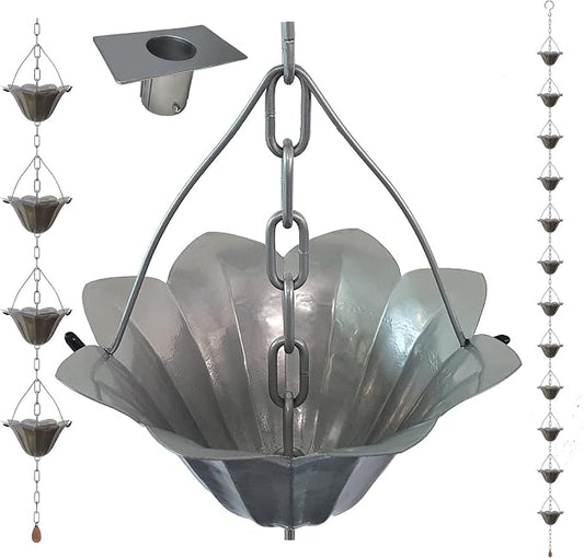 8.5FT Lotus Silver Color Iron Rain Chains for Gutter and Rain Barrel, Rust-Resistant Plated Garden Décor Rain Chain for Downspout, Bonus Rain Chain Gutter Adapter