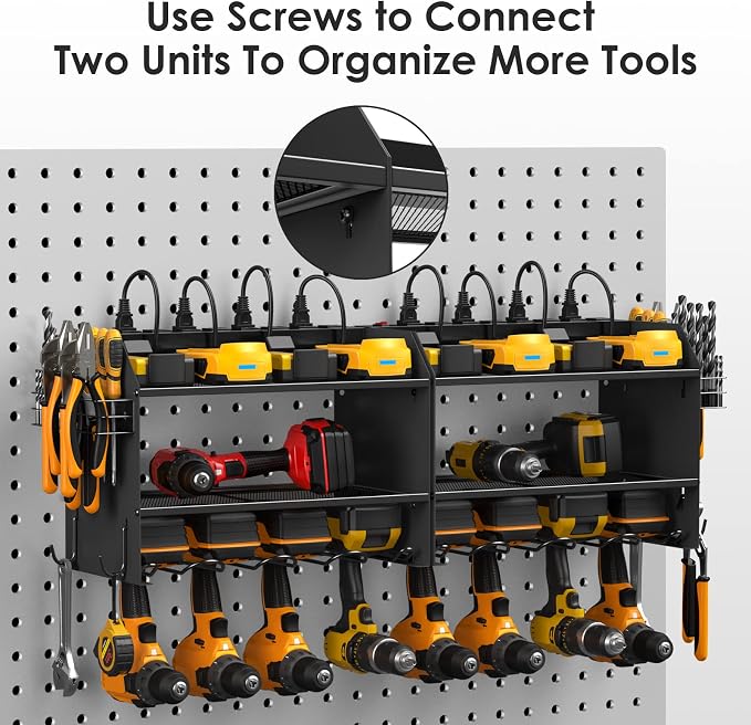CCCEI Wall Mount Modular Tool Charging Organizer, Black, 1 Pack, 3 Tier. | Drill Battery Storage Rack with Hooks, Garage Workshop, Gifts for Men, Dad, Husband Anniversary, Birthday, Christmas