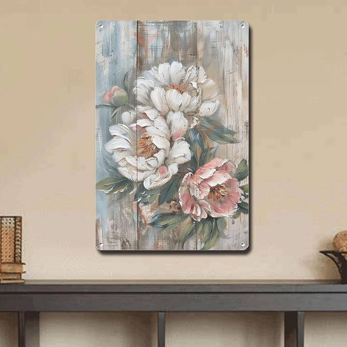 Metal Sign Tin Sign Vintage Wall Art Rustic Display Peony Tin Sign for Easy Installation Weather Resistant Design and Vintage Grandeur Garden Tin Sign for Pub 8×12 Inches