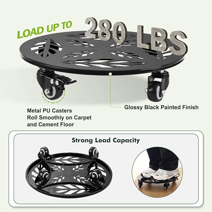 Planterhoma 2 Packs 12 Inch Rolling Plant Stand with Wheels Metal Plant Caddy with Wheels Heavy Duty Plant Rollers with Metal Wheels Round Wrought Iron Plant Stand with Clear Saucers, Glossy Black