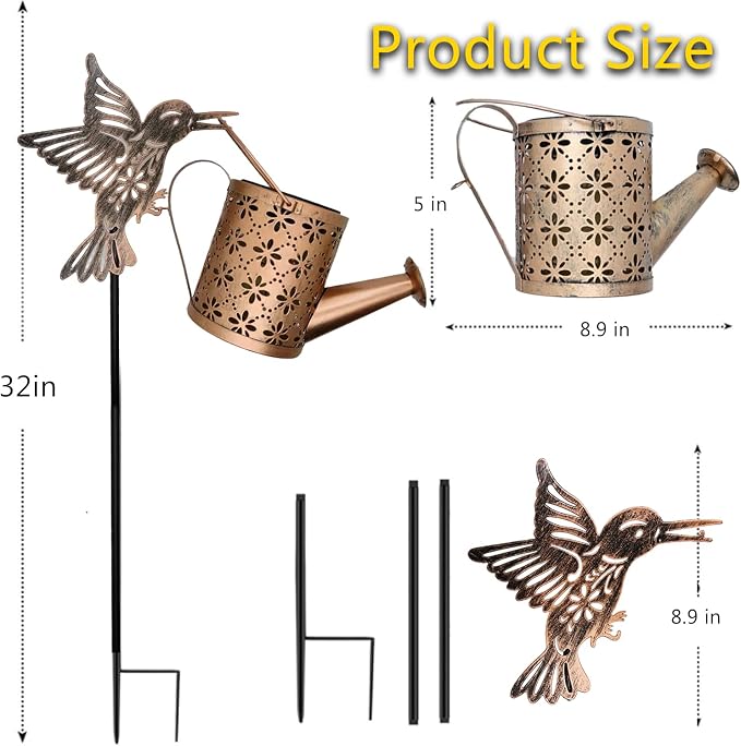 Solar Watering Can with Cascading Lights Outdoor Garden Decor, Bronze Hummingbird Gardening Gifts for Women Mom Grandma Birthday, Solar Lights for Garden Decorations Patio Yard Lawn Backyard