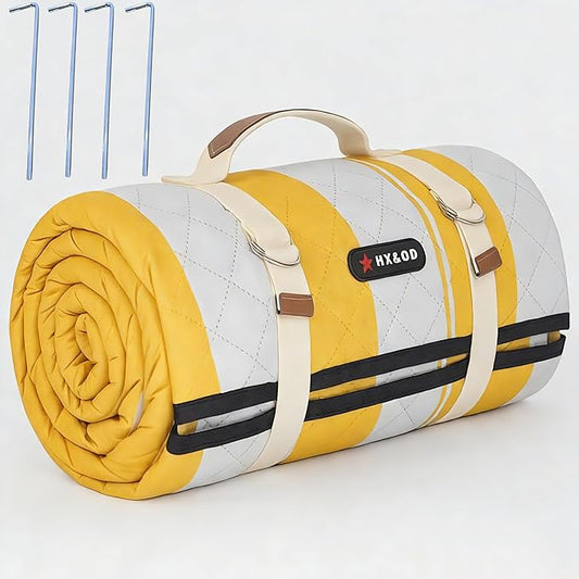 HX&OD Outdoor Picnic Blanket Extra Large, 80''*60'' Waterproof Picnic Mat with Stakes Foldable Camping Blanket Portable with Carry Strap for Beach Mat (Green& White, 80''*60'')
