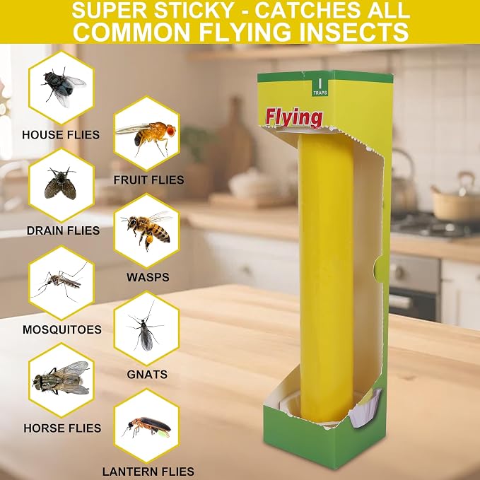 Fly Stick Sticky Fly Traps for Indoors Outdoor 4pk, Sticky Hanging Fly Stick, Flying Insect Trap, wasp Trap（Yellow 4PCS）