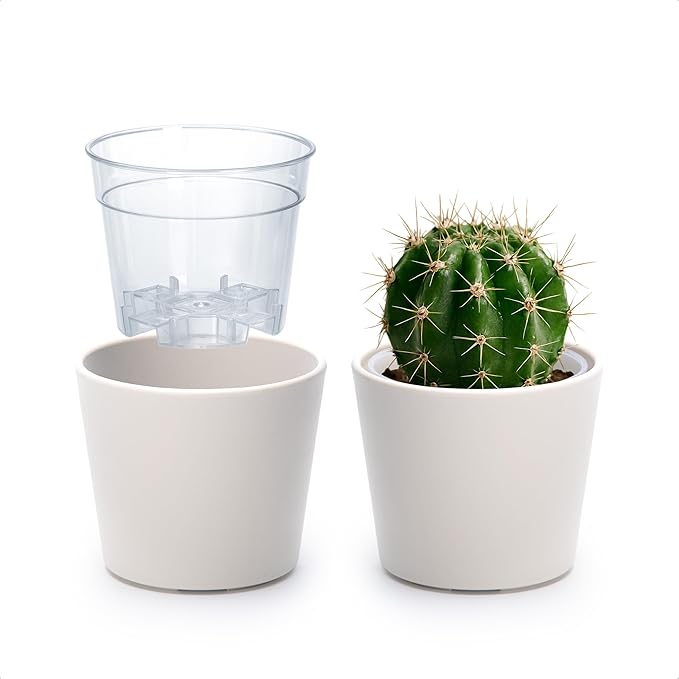Phoenix Vine 3.5 Inch Oatmeal Plastic Cachepot with Clear Nursery Pot, Decorative Lightweight Planter Cover with Transparent Inner Pot for Indoor Houseplants, Pack of 2, 24-A-G-2